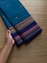 RF804 Peacock blue shade thread border Kanchi cotton saree with handmade thread buttas