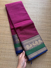 RF254 Magenta pink with royal blue contrast border Kanchi cotton saree with unique peacock pattern varisaipet border