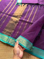 RF392 Purple with sky blue combination small border Kanchi cotton saree