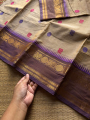 RF1390 Beige shade ~ Premium Rich Pallu Kanchi cotton saree with Annam pattern gap border