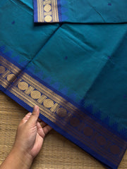 RF1022 Peacock blue shade Kanchi cotton saree with handmade thread buttas