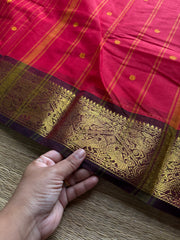 RF1260 Chilli red with brown ~ Premium Kanchi cotton saree with Vanasingaram border and handmade thread buttas