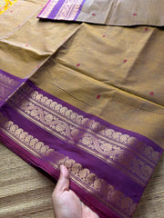 RF372 Dual tone metallic honey shade Kanchi cotton saree with contrast purple mango and floral pattern border & handmade Buttas