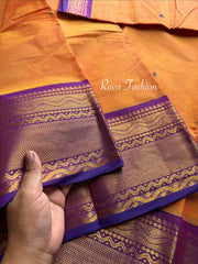 RF88 Dual tone orange shade with contrast Purple border kanchi cotton saree with Handmade Thread Buttas