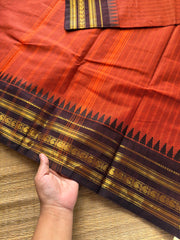 RF348 Rust Orange With Contrast Brown Kanchi Cotton Saree with vertical stripped pattern & mango Zari border