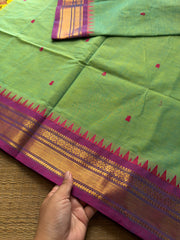 RF382 Dual tone Apple green with contrast purple combination small border Kanchi cotton saree with handmade thread buttas