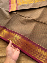 RF349 Grey with contrast small maroon zari small Thazhampoo border Kanchi cotton saree with rich Zari woven Pallu