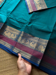 Teal blue shad Kanchi cotton saree with Annam pattern contrast border
