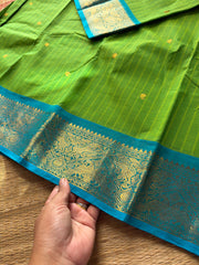 RF613 Vanasingaram Border ~ Green with sky blue combination veritical stripped pattern Kanchi cotton saree & handmade golden Zari Buttas