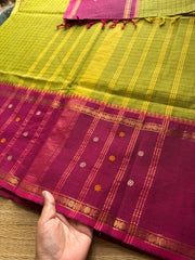 RF527 Green with magenta pink combination Vintage l Border Kanchi Cotton Saree With kattam / checks pattern & handwoven Buttas on the border