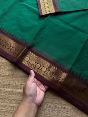 RF1205 Small border Kanchi cotton saree ~ green with brown