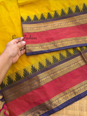 RF167 Mustard yellow shade Kanchi cotton saree with Rettapet border and unique Thazhampoo pattern