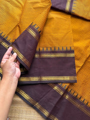 RF720 Vintage edition ~ Mustard yellow with brown Kanchi cotton saree with podi kattam / small checks pattern