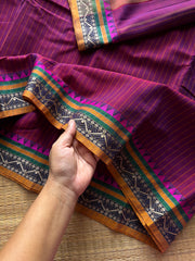 RF1314 Magenta pink shade ~ Narayanpet Mercerised soft cotton saree with stripped pattern