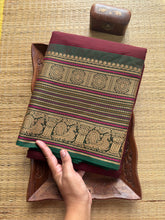 Maroon Shade Small Stripped Pattern Kanchi Cotton Saree With Intricate Thread Woven Border