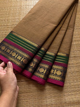 RF358 Dual tone earth Brown Shade Kanchi Cotton Saree with multi color contrast border