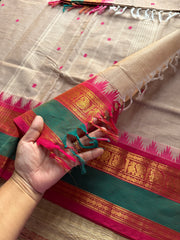RF216 Cream with pink combination Kanchi cottton saree with rettapet Thazhampoo pattern border and handmade thread buttas