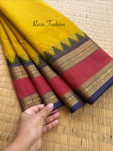 RF167 Mustard yellow shade Kanchi cotton saree with Rettapet border and unique Thazhampoo pattern