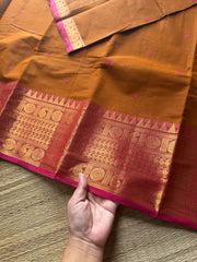 RF583 Rustic orange shade with pink combination mango pattern Kanchi cotton saree with handmade thread buttas