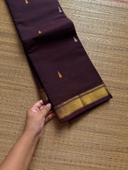 RF1404 Monotone deep coffee brown ~ Small border Kanchi cotton saree with handmade thread buttas