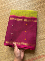 RF527 Green with magenta pink combination Vintage l Border Kanchi Cotton Saree With kattam / checks pattern & handwoven Buttas on the border