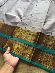 RF306 Grey with contrast teal green combination Rettapet border Kanchi cotton saree with handmade thread buttas
