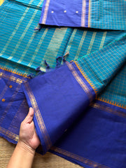 Peacock Blue shade kanchi cotton saree with Vintage Style Border kattam checks pattern & handwoven Buttas on the border