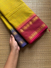 RF742 Lemon yellow shade Kanchi cotton saree with Ganga Jamuna border