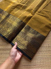 RF867 Vintage Kattam / Checks ~ Mustard yellow with black combination Kanchi cotton saree
