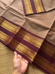 RF507 Biscuit with brown combination Kanchi cotton saree with Annam pattern gap / Rettapet border