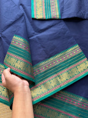 RF274 Navy Blue with green combination Kanchi cotton saree with silk saree inspired border