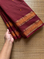 RF553 Maroon Kattam Edition: Kanchi Cotton Saree with Minimal Zari & handmade thread buttas