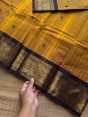 RF1041 Mustard with brown ~ Premium Vanasingaram border Kanchi cotton saree with handmade thread Buttas