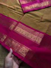 RF865 Dual tone yellow shade Kanchi cotton saree with handmade thread buttas