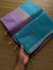 RF579 Turquoise blue shade Maheswari semi silk cotton saree with contrast light lavender shade Pallu and blouse