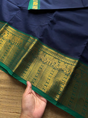 RF760 Navy blue with green combination Kanchi cotton saree with elephant & Annam pattern