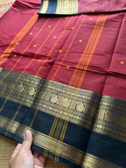 RF193 Reddish Maroon Kanchi Cotton Saree With contrast black border
