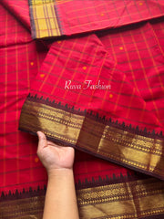 RF63 Red & Brown Combination Kanchi cotton saree with small contrast border , checks pattern and handmade thread buttas