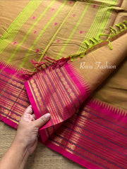 RF18 Dual Shade of yellow and green with contrast pink border & handmade thread buttas - RF18