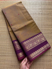 RF372 Dual tone metallic honey shade Kanchi cotton saree with contrast purple mango and floral pattern border & handmade Buttas