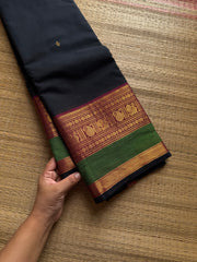 RF1254 Premium Rich Pallu Kanchi Cotton Saree ~Black shade with pink and green combination Annam & mango pattern Zari woven border