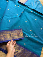 Peacock blue with royal blue shade Premium 120 count Kanchi Cotton Saree With Unique Vanasingaram Border and simple zari woven mango Motif Pallu