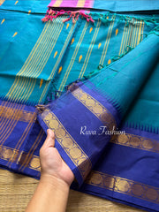 Peacock Blue Shade Kanchi Cotton Saree With Ganga Jamuna Border & Handmade thread buttas