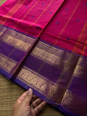 Magenta pink shade Kanchi cotton saree with handmade thread buttas