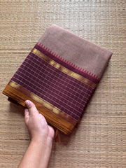 RF374 Biscuit with brown combination vintage border Kattam / checks pattern Kanchi cotton saree