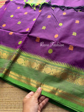 Purple with Green Combination Premium Kanchi Cotton saree With intricate Rich Zari woven Pallu and handmade Buttas