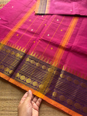 RF378 Magenta pink shade Kanchi cotton saree with unique border and handmade thread buttas