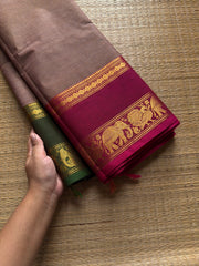 RF770 Dual tone Grey shade Kanchi cotton saree with Ganga Jamuna border and fully minute horizontal stripped lines on the body