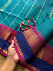 RF740 Peacock blue shade Kanchi cotton saree with Ganga Jamuna border and handmade thread buttas