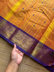 RF1068 Dark mango shade with purple combination Vanasingaram border Kanchi cotton saree with stripped pattern & handmade thread buttas
